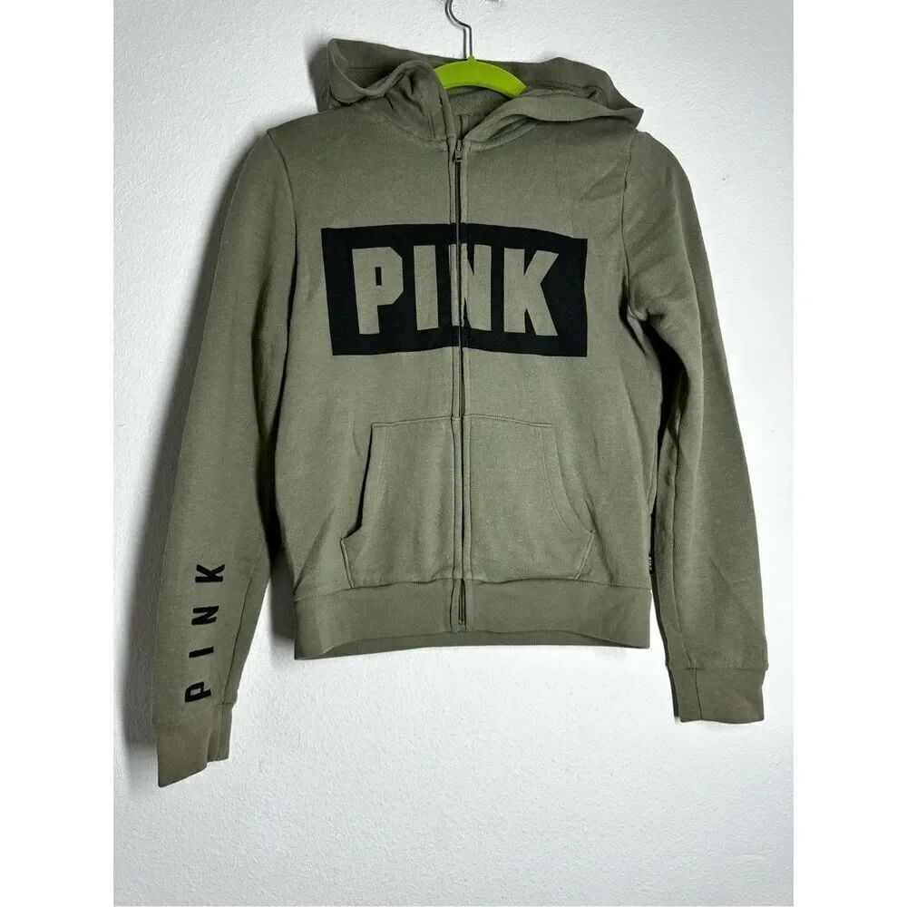 Pink Olive Green Hoodie Zip Jacket Pockets Size XS Cotton Blend *Notes